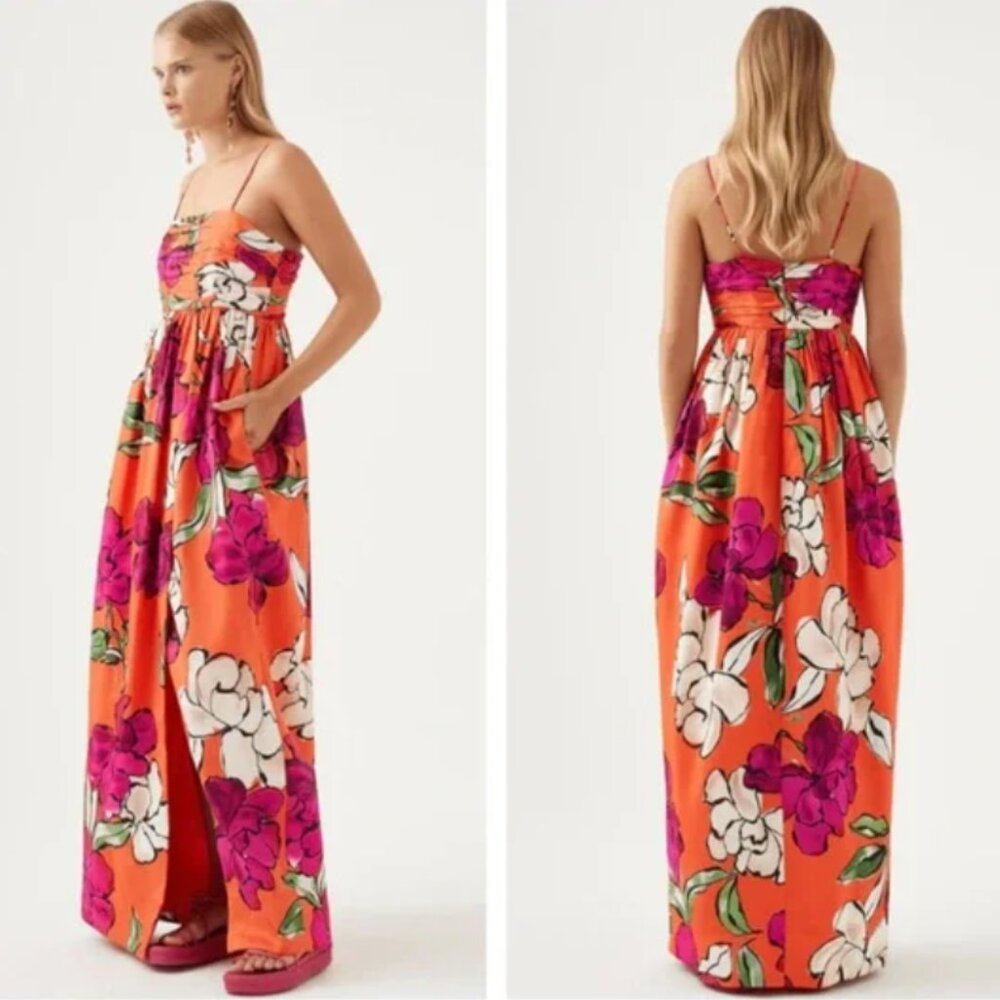 Aje Sculptura Monument Tulip Linen Blend Maxi Dress in Vivid Camel NWT